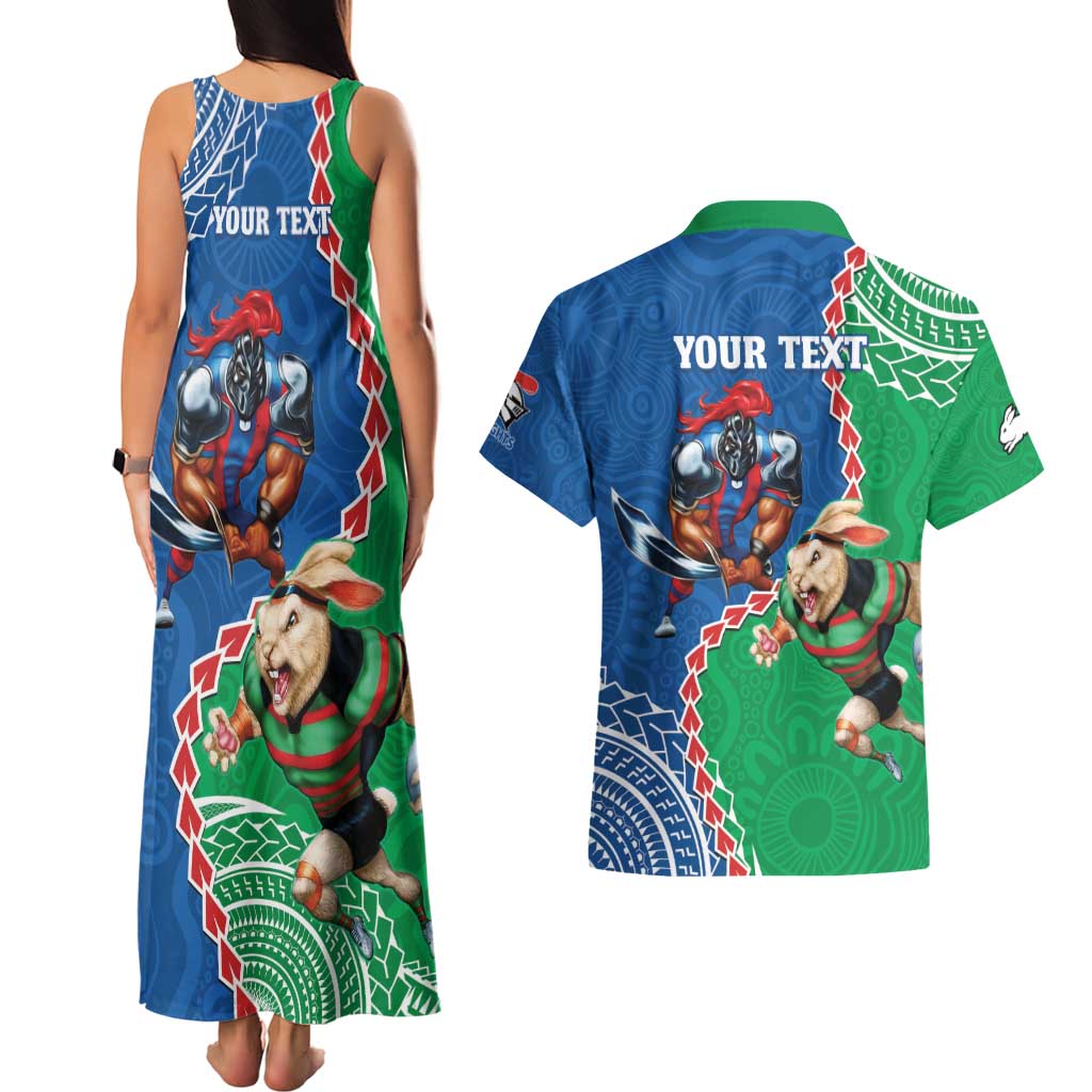 Personalised Rabbitohs And Knights Rugby Couples Matching Tank Maxi Dress and Hawaiian Shirt Aboriginal Mix Polynesian Pattern