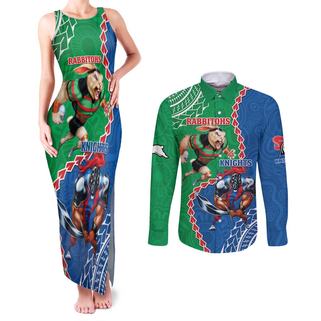 Personalised Rabbitohs And Knights Rugby Couples Matching Tank Maxi Dress and Long Sleeve Button Shirt Aboriginal Mix Polynesian Pattern