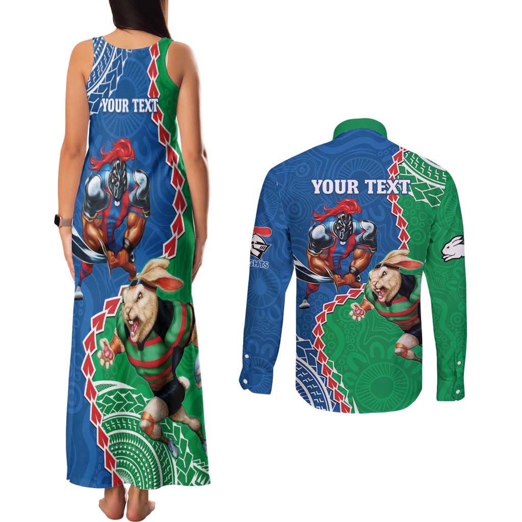 Personalised Rabbitohs And Knights Rugby Couples Matching Tank Maxi Dress and Long Sleeve Button Shirt Aboriginal Mix Polynesian Pattern