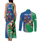 Personalised Rabbitohs And Knights Rugby Couples Matching Tank Maxi Dress and Long Sleeve Button Shirt Aboriginal Mix Polynesian Pattern