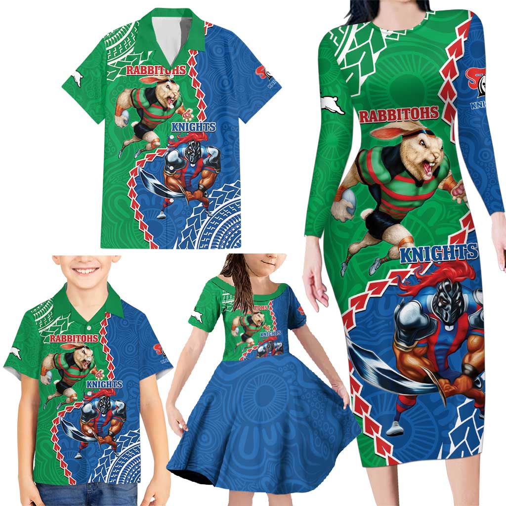 Personalised Rabbitohs And Knights Rugby Family Matching Long Sleeve Bodycon Dress and Hawaiian Shirt Aboriginal Mix Polynesian Pattern