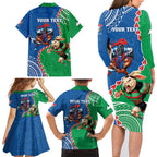 Personalised Rabbitohs And Knights Rugby Family Matching Long Sleeve Bodycon Dress and Hawaiian Shirt Aboriginal Mix Polynesian Pattern