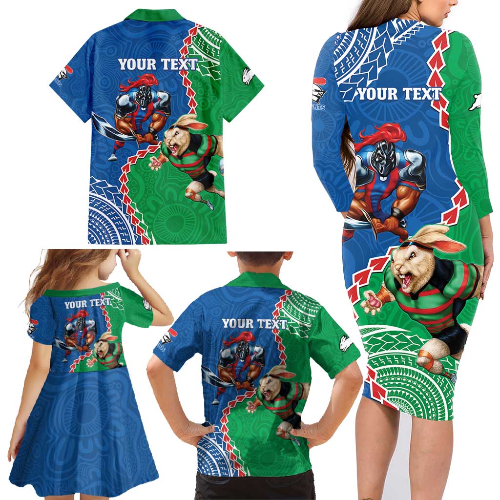Personalised Rabbitohs And Knights Rugby Family Matching Long Sleeve Bodycon Dress and Hawaiian Shirt Aboriginal Mix Polynesian Pattern