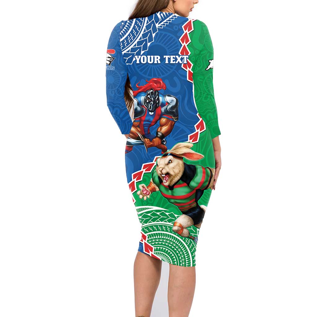 Personalised Rabbitohs And Knights Rugby Family Matching Long Sleeve Bodycon Dress and Hawaiian Shirt Aboriginal Mix Polynesian Pattern