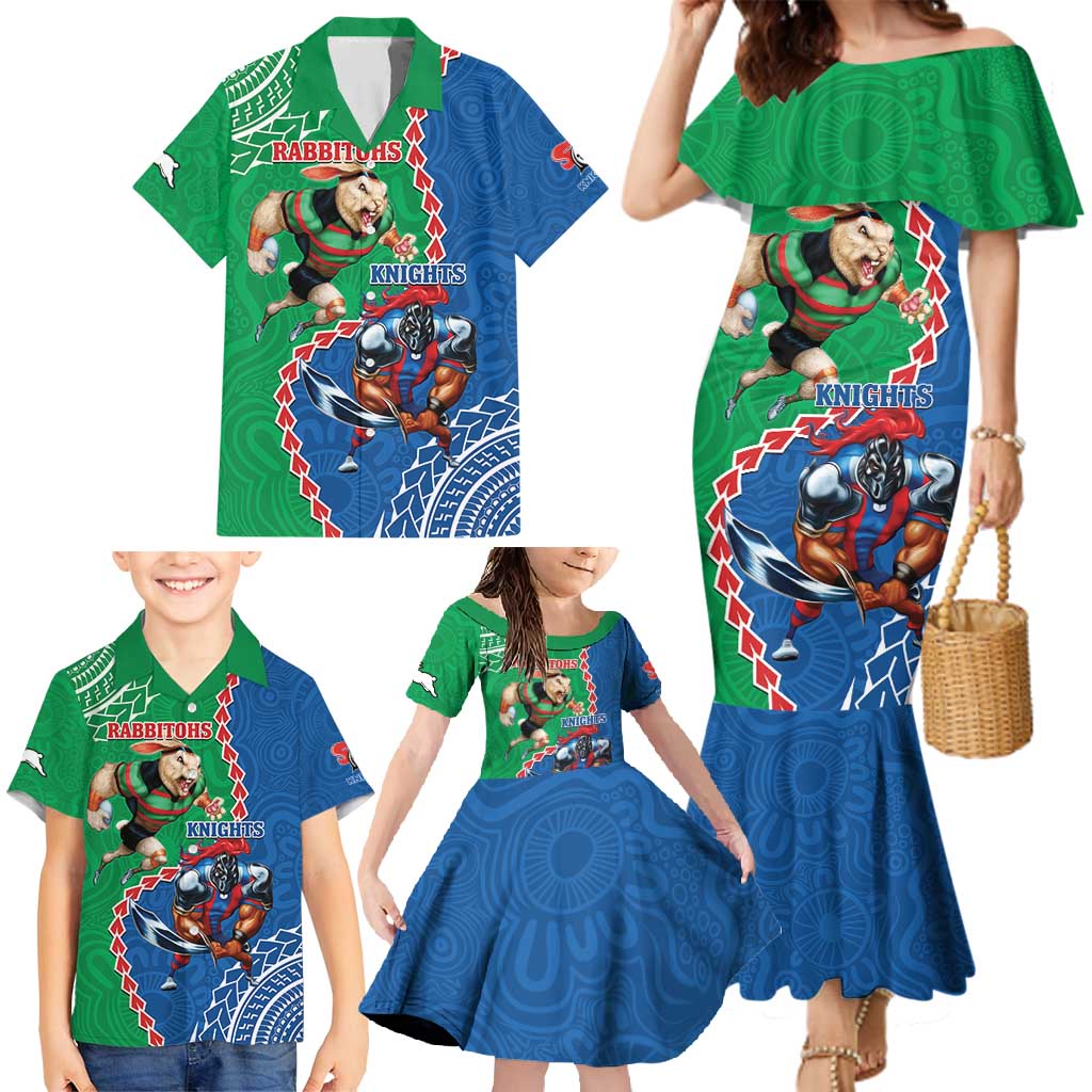 Personalised Rabbitohs And Knights Rugby Family Matching Mermaid Dress and Hawaiian Shirt Aboriginal Mix Polynesian Pattern
