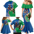 Personalised Rabbitohs And Knights Rugby Family Matching Mermaid Dress and Hawaiian Shirt Aboriginal Mix Polynesian Pattern
