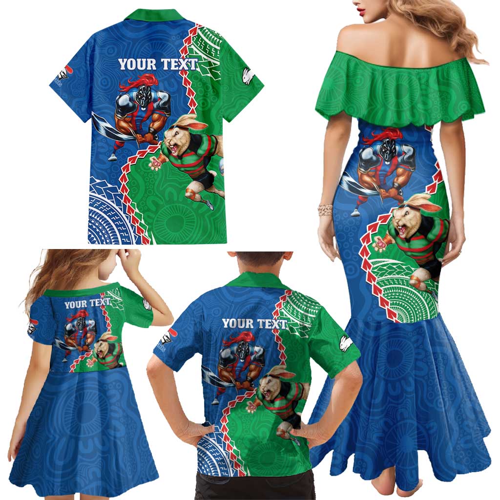 Personalised Rabbitohs And Knights Rugby Family Matching Mermaid Dress and Hawaiian Shirt Aboriginal Mix Polynesian Pattern