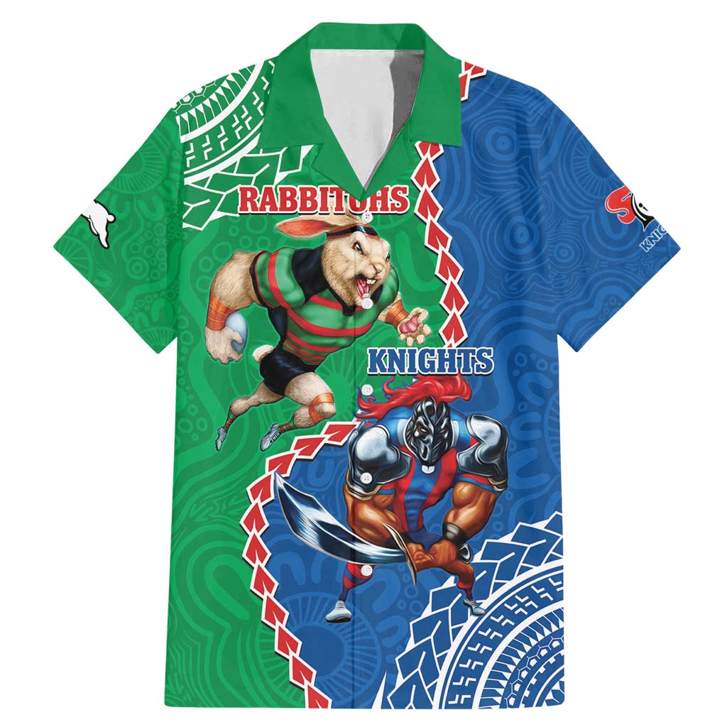 Personalised Rabbitohs And Knights Rugby Family Matching Mermaid Dress and Hawaiian Shirt Aboriginal Mix Polynesian Pattern