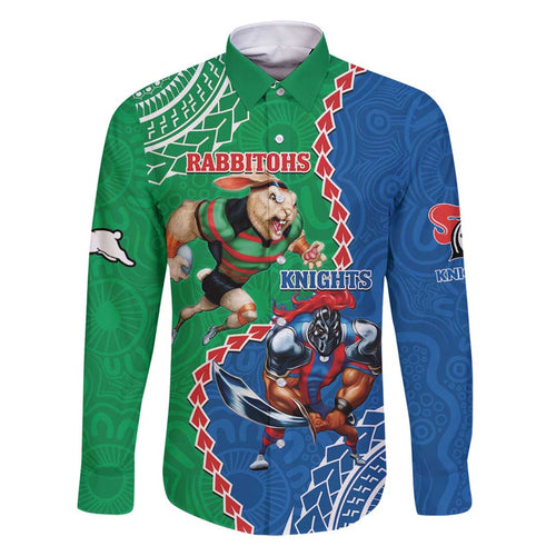 Personalised Rabbitohs And Knights Rugby Family Matching Mermaid Dress and Hawaiian Shirt Aboriginal Mix Polynesian Pattern