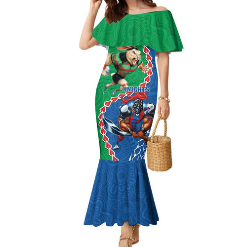 Personalised Rabbitohs And Knights Rugby Family Matching Mermaid Dress and Hawaiian Shirt Aboriginal Mix Polynesian Pattern