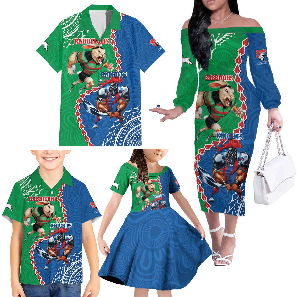 Personalised Rabbitohs And Knights Rugby Family Matching Off The Shoulder Long Sleeve Dress and Hawaiian Shirt Aboriginal Mix Polynesian Pattern