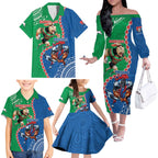 Personalised Rabbitohs And Knights Rugby Family Matching Off The Shoulder Long Sleeve Dress and Hawaiian Shirt Aboriginal Mix Polynesian Pattern