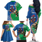 Personalised Rabbitohs And Knights Rugby Family Matching Off The Shoulder Long Sleeve Dress and Hawaiian Shirt Aboriginal Mix Polynesian Pattern
