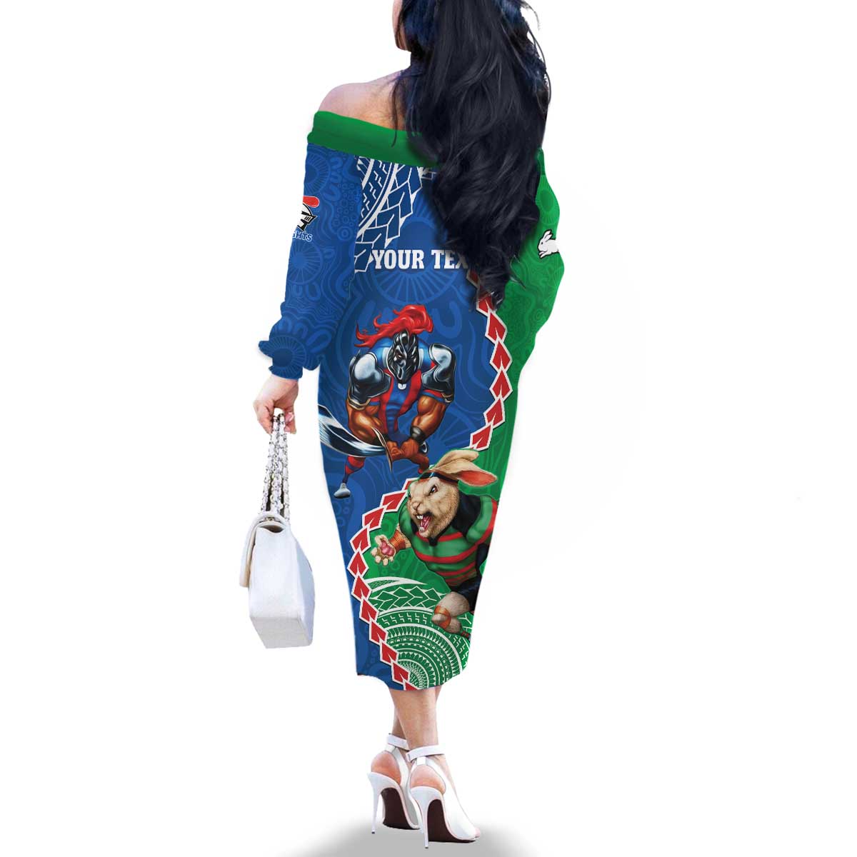 Personalised Rabbitohs And Knights Rugby Family Matching Off The Shoulder Long Sleeve Dress and Hawaiian Shirt Aboriginal Mix Polynesian Pattern
