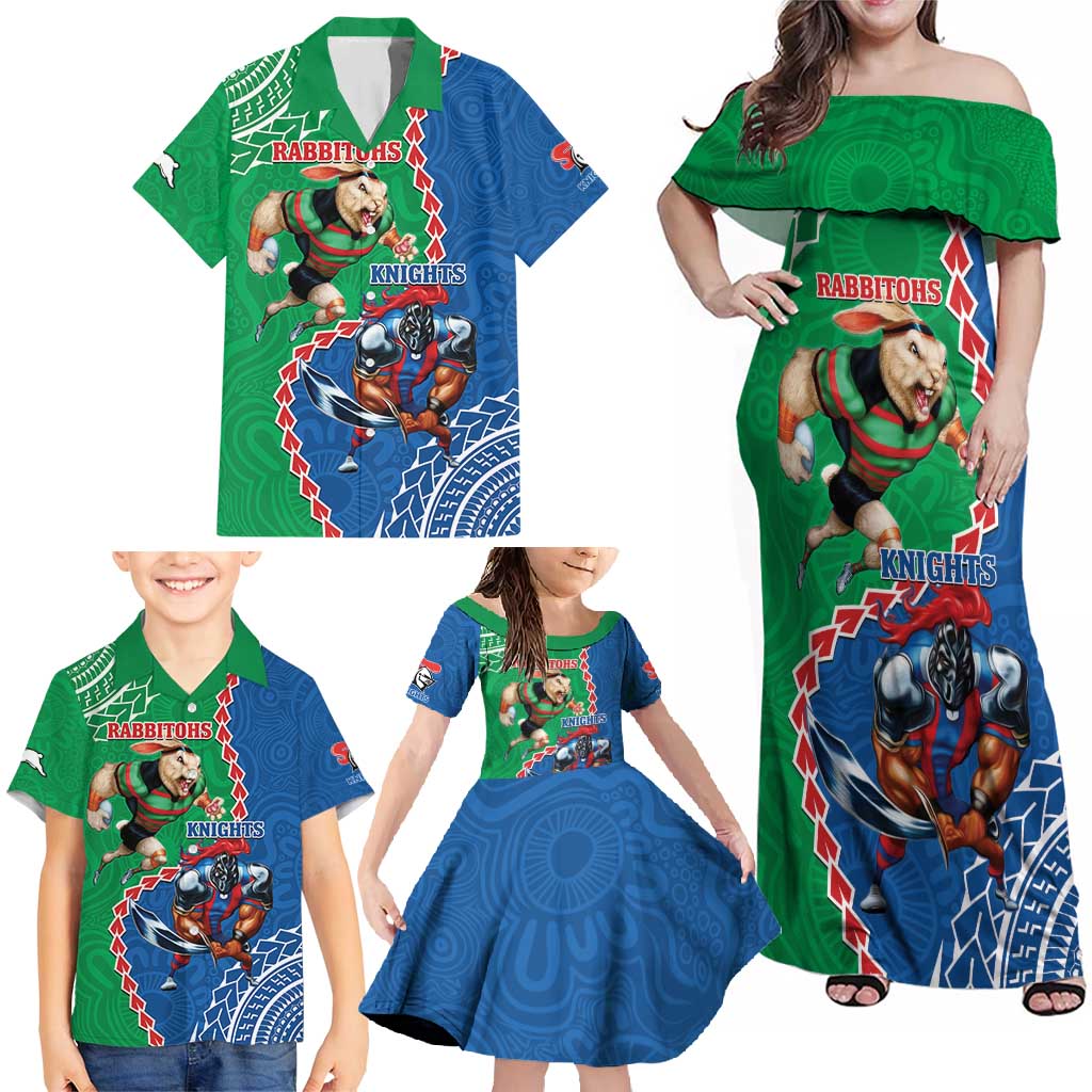Personalised Rabbitohs And Knights Rugby Family Matching Off Shoulder Maxi Dress and Hawaiian Shirt Aboriginal Mix Polynesian Pattern