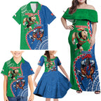 Personalised Rabbitohs And Knights Rugby Family Matching Off Shoulder Maxi Dress and Hawaiian Shirt Aboriginal Mix Polynesian Pattern