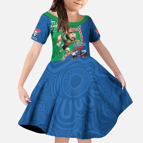 Personalised Rabbitohs And Knights Rugby Family Matching Off Shoulder Maxi Dress and Hawaiian Shirt Aboriginal Mix Polynesian Pattern