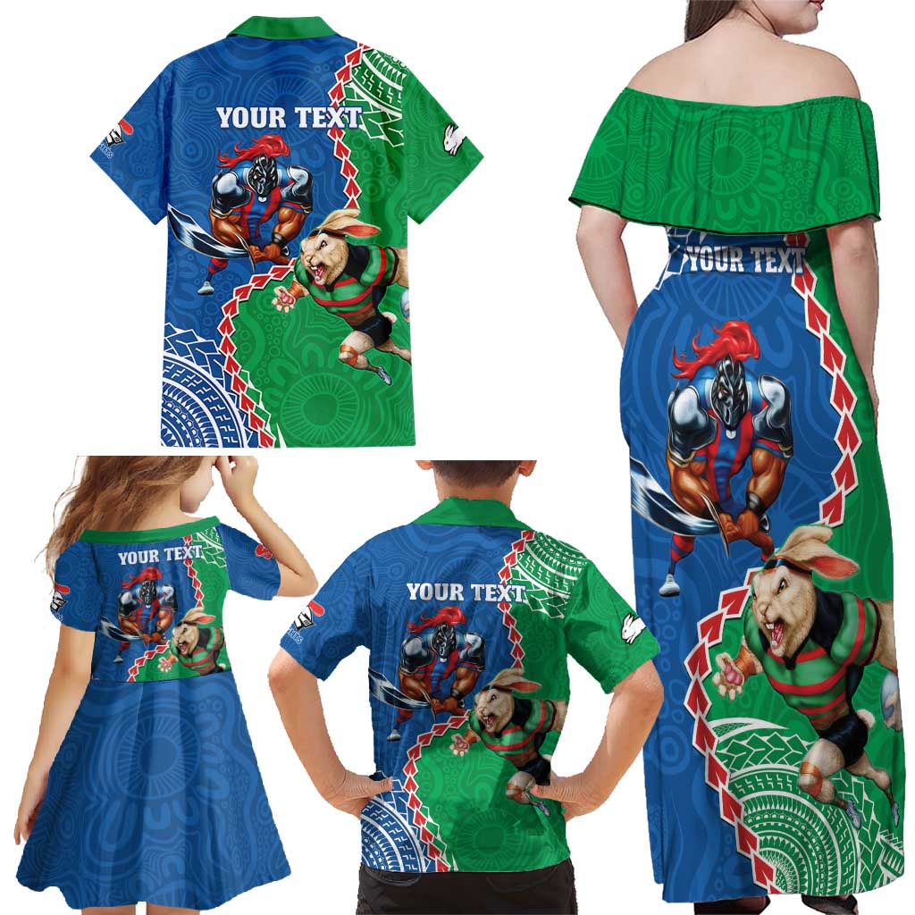 Personalised Rabbitohs And Knights Rugby Family Matching Off Shoulder Maxi Dress and Hawaiian Shirt Aboriginal Mix Polynesian Pattern