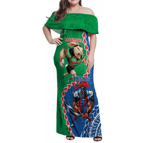 Personalised Rabbitohs And Knights Rugby Family Matching Off Shoulder Maxi Dress and Hawaiian Shirt Aboriginal Mix Polynesian Pattern