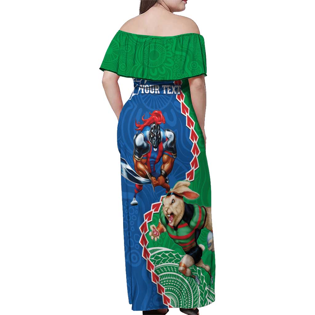 Personalised Rabbitohs And Knights Rugby Family Matching Off Shoulder Maxi Dress and Hawaiian Shirt Aboriginal Mix Polynesian Pattern