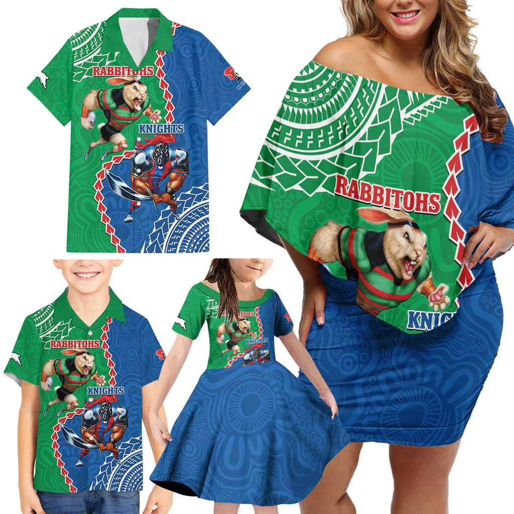 Personalised Rabbitohs And Knights Rugby Family Matching Off Shoulder Short Dress and Hawaiian Shirt Aboriginal Mix Polynesian Pattern