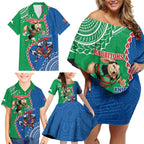 Personalised Rabbitohs And Knights Rugby Family Matching Off Shoulder Short Dress and Hawaiian Shirt Aboriginal Mix Polynesian Pattern