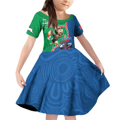 Personalised Rabbitohs And Knights Rugby Family Matching Off Shoulder Short Dress and Hawaiian Shirt Aboriginal Mix Polynesian Pattern