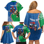 Personalised Rabbitohs And Knights Rugby Family Matching Off Shoulder Short Dress and Hawaiian Shirt Aboriginal Mix Polynesian Pattern