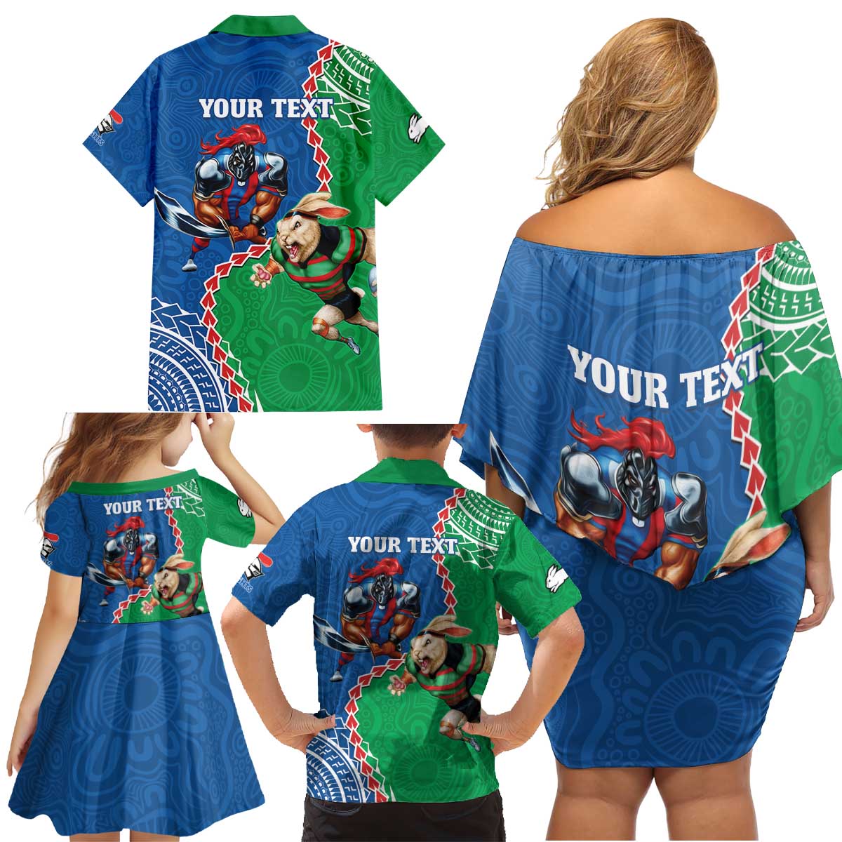 Personalised Rabbitohs And Knights Rugby Family Matching Off Shoulder Short Dress and Hawaiian Shirt Aboriginal Mix Polynesian Pattern