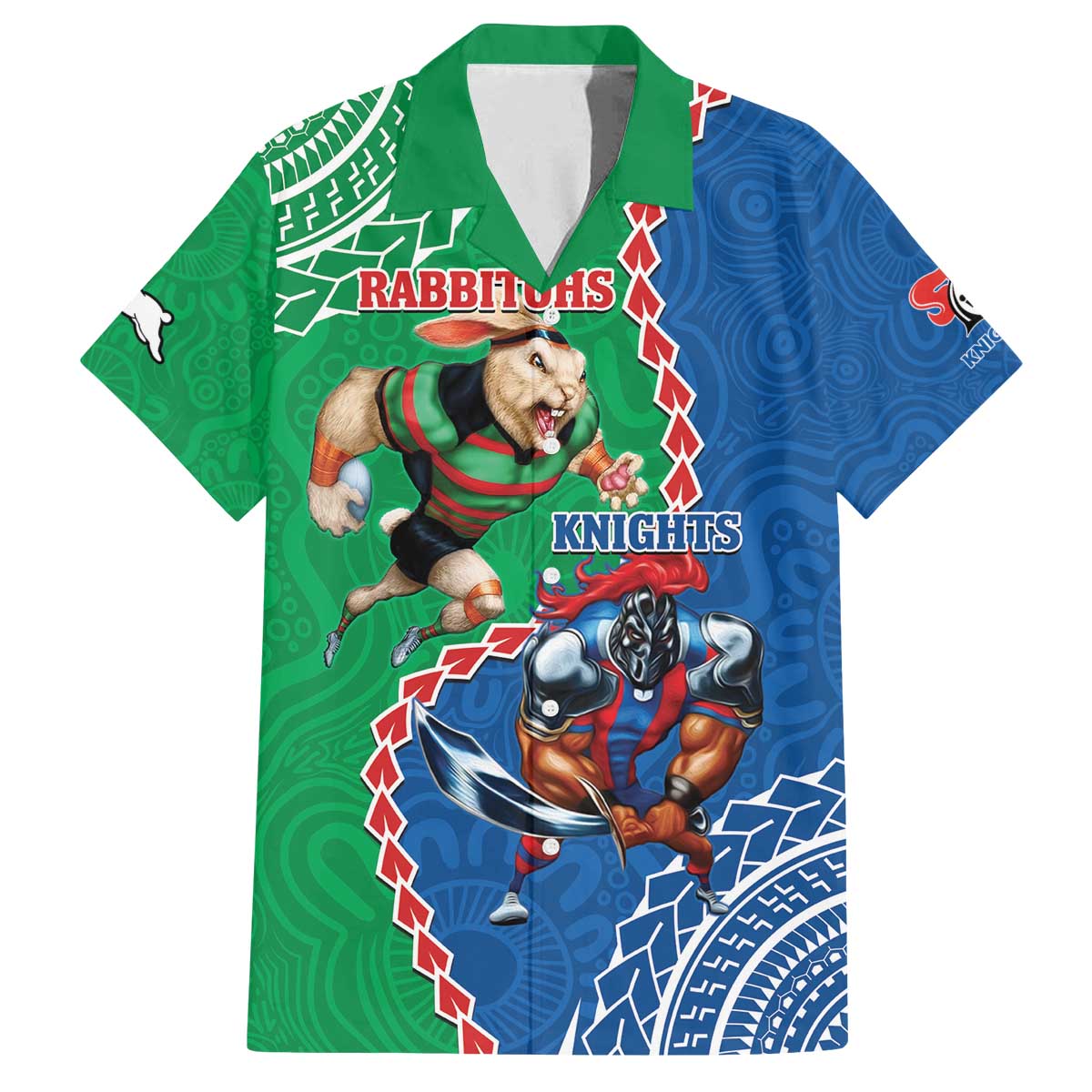 Personalised Rabbitohs And Knights Rugby Family Matching Off Shoulder Short Dress and Hawaiian Shirt Aboriginal Mix Polynesian Pattern