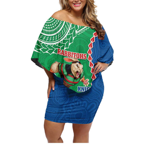 Personalised Rabbitohs And Knights Rugby Family Matching Off Shoulder Short Dress and Hawaiian Shirt Aboriginal Mix Polynesian Pattern