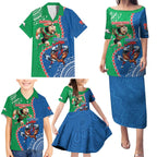 Personalised Rabbitohs And Knights Rugby Family Matching Puletasi and Hawaiian Shirt Aboriginal Mix Polynesian Pattern