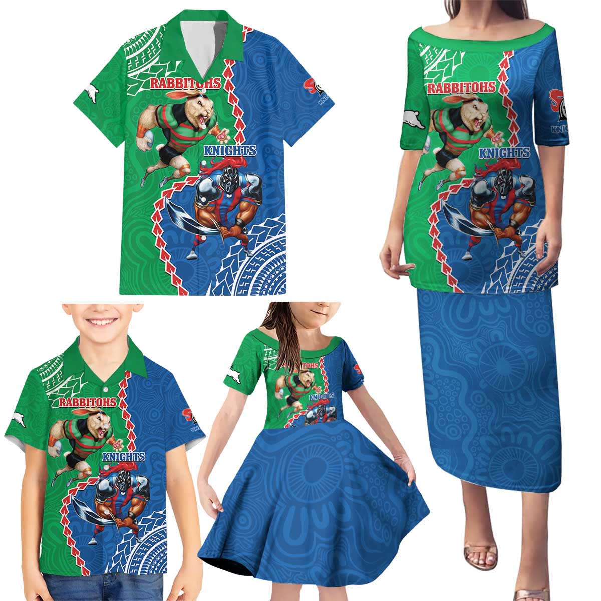 Personalised Rabbitohs And Knights Rugby Family Matching Puletasi and Hawaiian Shirt Aboriginal Mix Polynesian Pattern