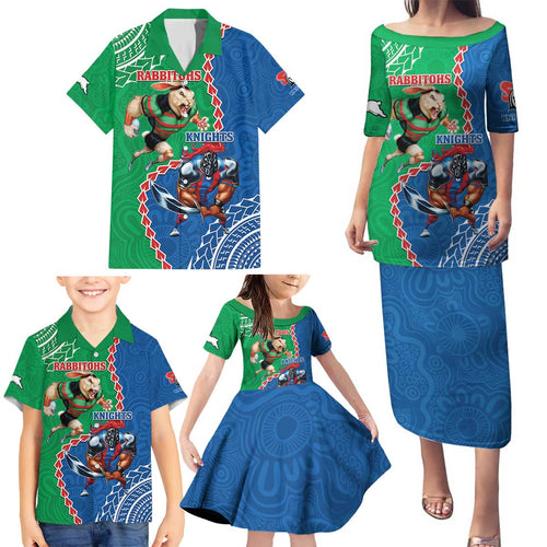 Personalised Rabbitohs And Knights Rugby Family Matching Puletasi and Hawaiian Shirt Aboriginal Mix Polynesian Pattern