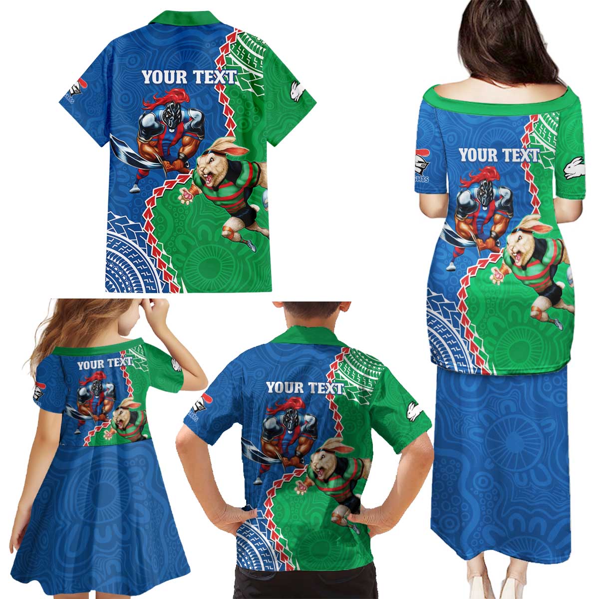 Personalised Rabbitohs And Knights Rugby Family Matching Puletasi and Hawaiian Shirt Aboriginal Mix Polynesian Pattern