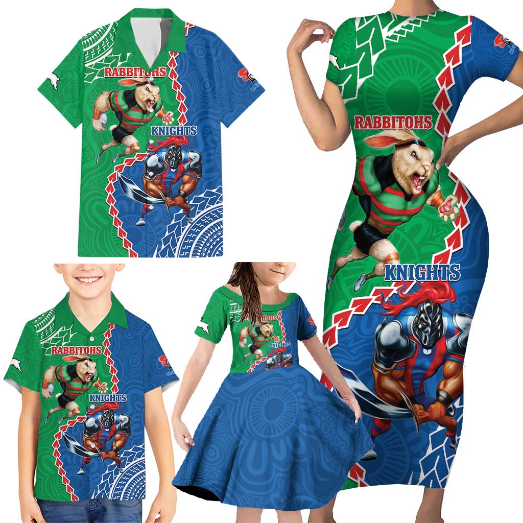 Personalised Rabbitohs And Knights Rugby Family Matching Short Sleeve Bodycon Dress and Hawaiian Shirt Aboriginal Mix Polynesian Pattern