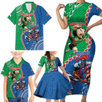 Personalised Rabbitohs And Knights Rugby Family Matching Short Sleeve Bodycon Dress and Hawaiian Shirt Aboriginal Mix Polynesian Pattern