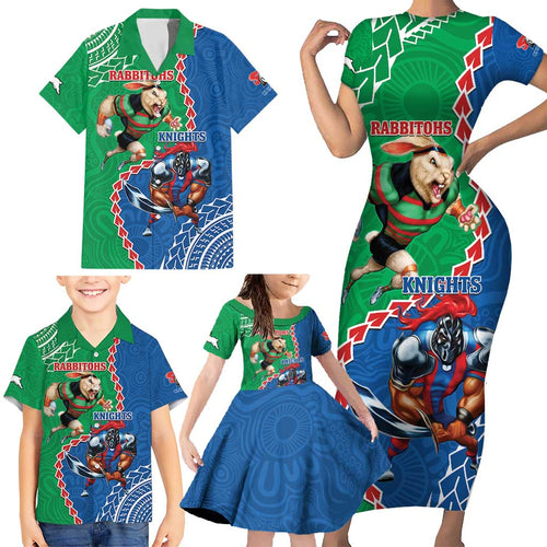 Personalised Rabbitohs And Knights Rugby Family Matching Short Sleeve Bodycon Dress and Hawaiian Shirt Aboriginal Mix Polynesian Pattern