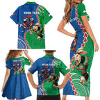 Personalised Rabbitohs And Knights Rugby Family Matching Short Sleeve Bodycon Dress and Hawaiian Shirt Aboriginal Mix Polynesian Pattern