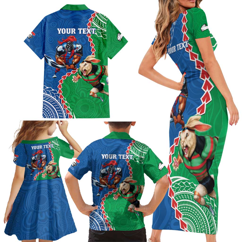 Personalised Rabbitohs And Knights Rugby Family Matching Short Sleeve Bodycon Dress and Hawaiian Shirt Aboriginal Mix Polynesian Pattern