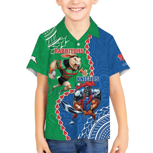 Personalised Rabbitohs And Knights Rugby Family Matching Short Sleeve Bodycon Dress and Hawaiian Shirt Aboriginal Mix Polynesian Pattern
