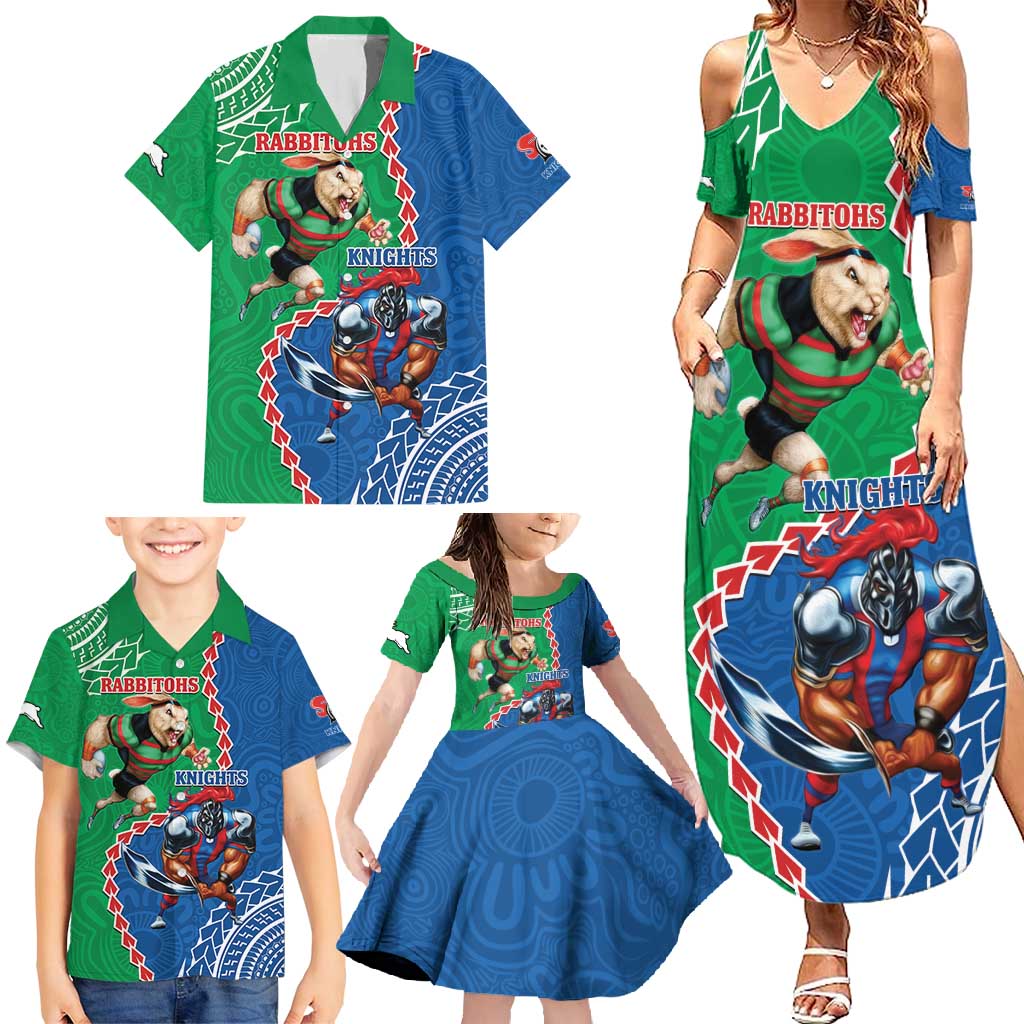 Personalised Rabbitohs And Knights Rugby Family Matching Summer Maxi Dress and Hawaiian Shirt Aboriginal Mix Polynesian Pattern