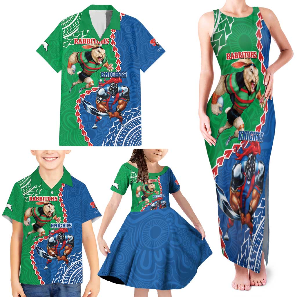Personalised Rabbitohs And Knights Rugby Family Matching Tank Maxi Dress and Hawaiian Shirt Aboriginal Mix Polynesian Pattern