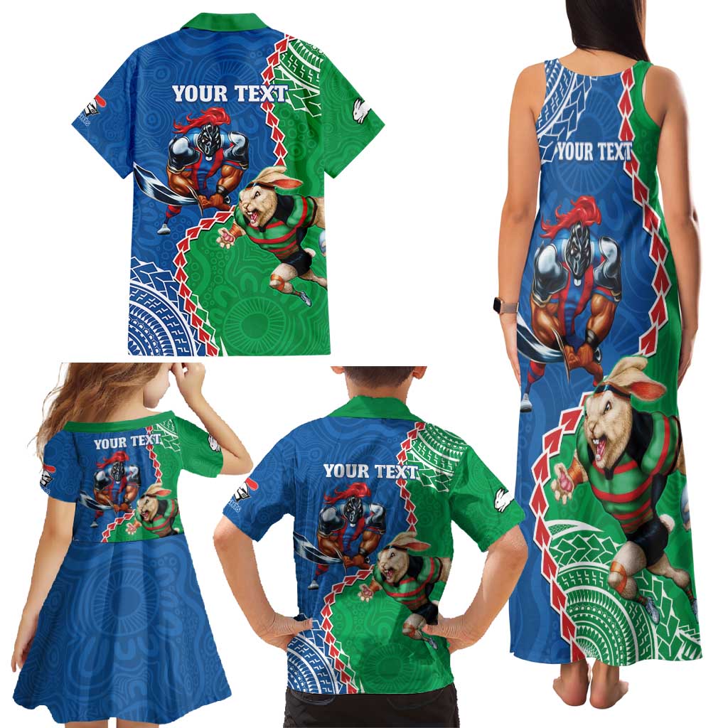 Personalised Rabbitohs And Knights Rugby Family Matching Tank Maxi Dress and Hawaiian Shirt Aboriginal Mix Polynesian Pattern