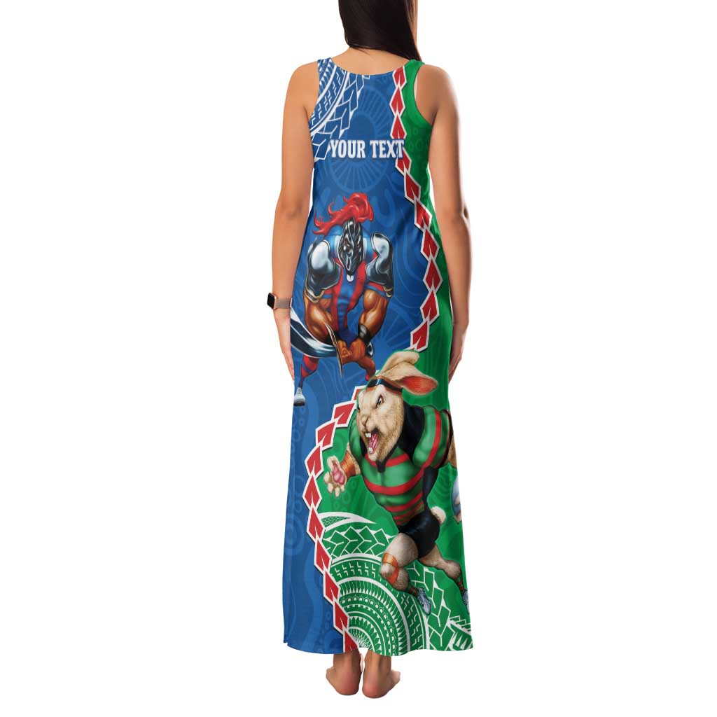 Personalised Rabbitohs And Knights Rugby Family Matching Tank Maxi Dress and Hawaiian Shirt Aboriginal Mix Polynesian Pattern