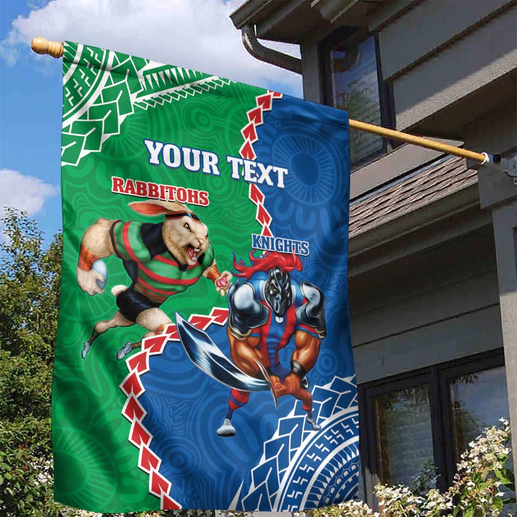 Personalised Rabbitohs And Knights Rugby Garden Flag Aboriginal Mix Polynesian Pattern