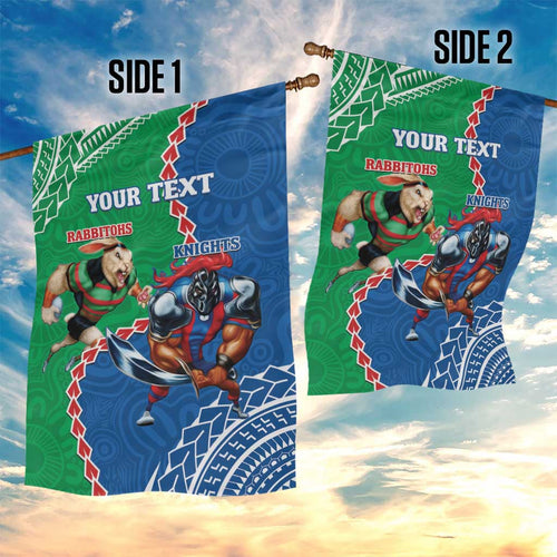 Personalised Rabbitohs And Knights Rugby Garden Flag Aboriginal Mix Polynesian Pattern