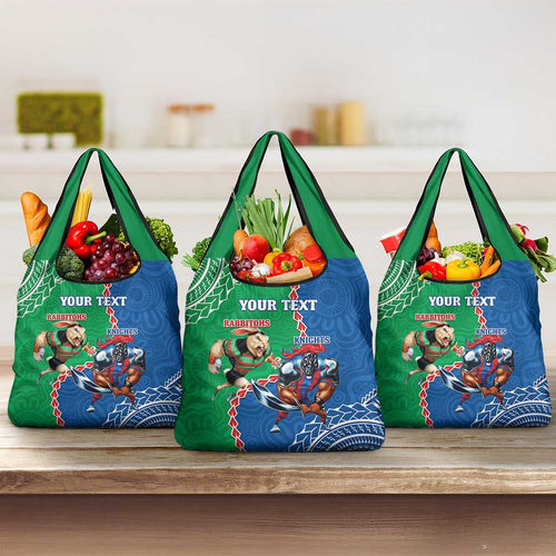 Personalised Rabbitohs And Knights Rugby Grocery Bag Aboriginal Mix Polynesian Pattern