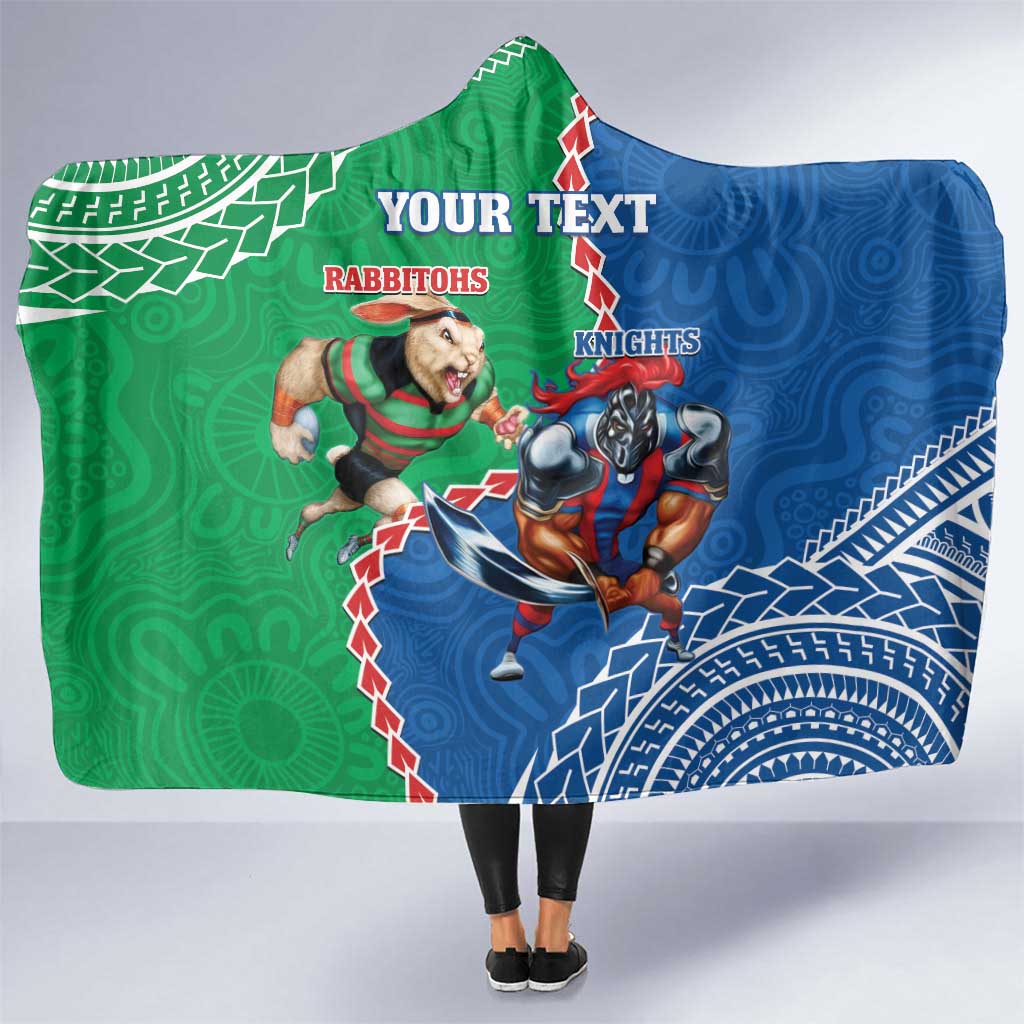 Personalised Rabbitohs And Knights Rugby Hooded Blanket Aboriginal Mix Polynesian Pattern