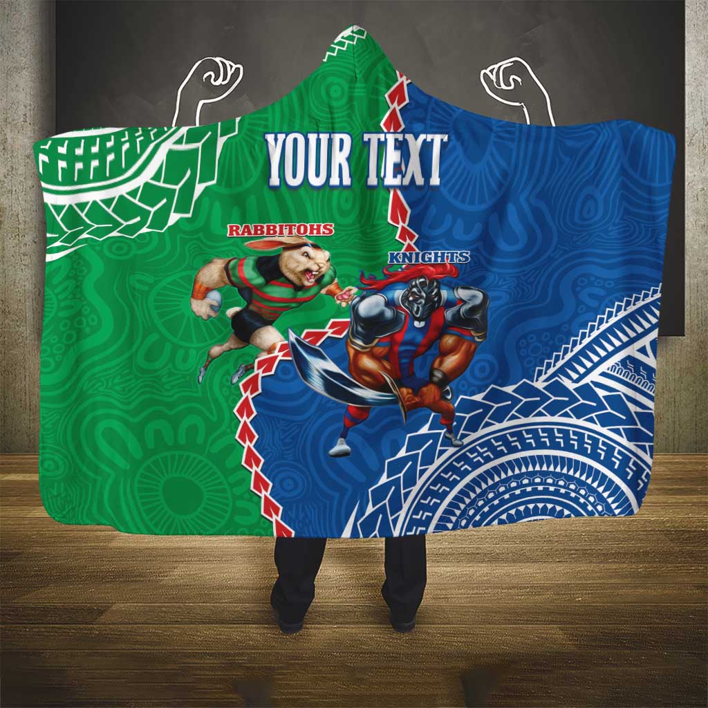 Personalised Rabbitohs And Knights Rugby Hooded Blanket Aboriginal Mix Polynesian Pattern